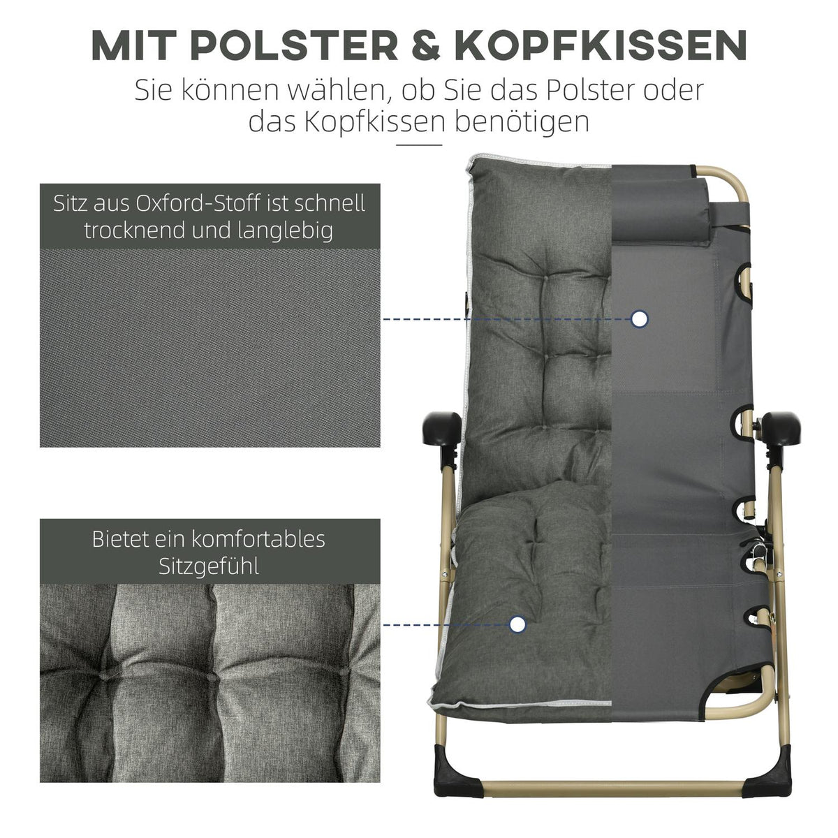 Sun Lounger Folding Beach Lounger Garden Lounger With Adjustable Backrest & Removable Pillow Deck Chair Gray