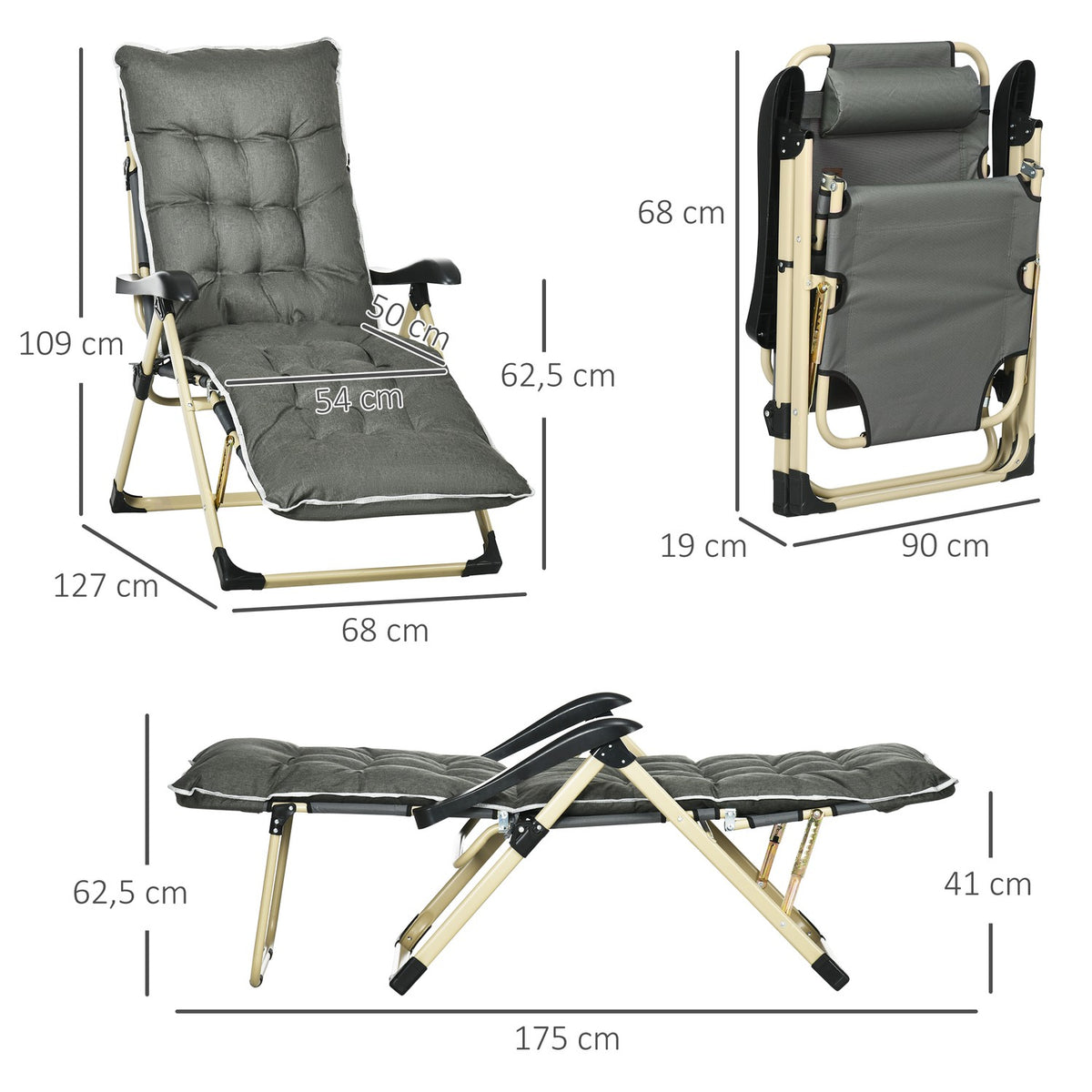 Sun Lounger Folding Beach Lounger Garden Lounger With Adjustable Backrest & Removable Pillow Deck Chair Gray