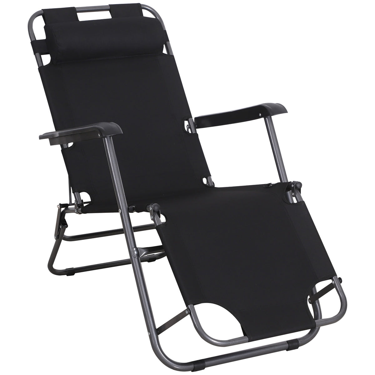 Sun Lounger Folding Beach Lounger With Cushion, 2-Tier Garden Lounger, Black, Metal & Oxford Fabric, 118X60X80Cm