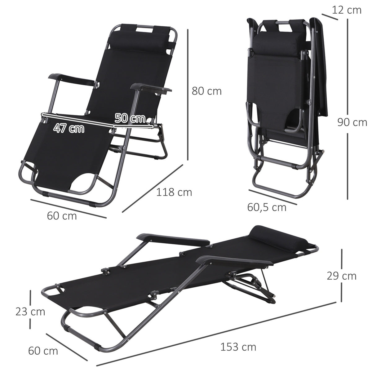 Sun Lounger Folding Beach Lounger With Cushion, 2-Tier Garden Lounger, Black, Metal & Oxford Fabric, 118X60X80Cm