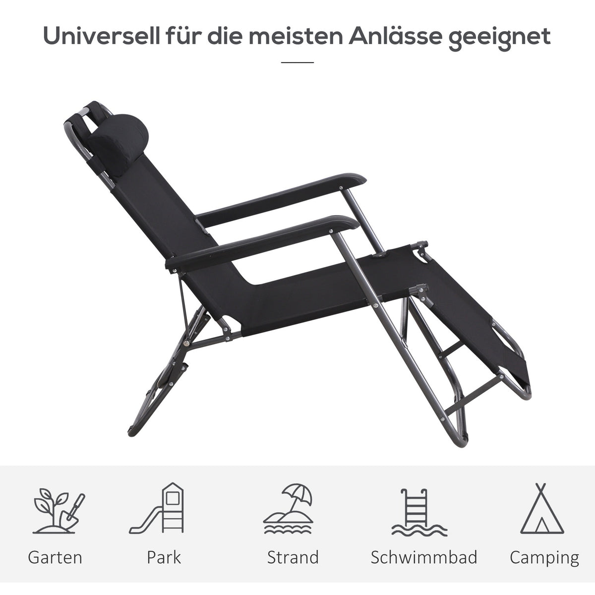 Sun Lounger Folding Beach Lounger With Cushion, 2-Tier Garden Lounger, Black, Metal & Oxford Fabric, 118X60X80Cm