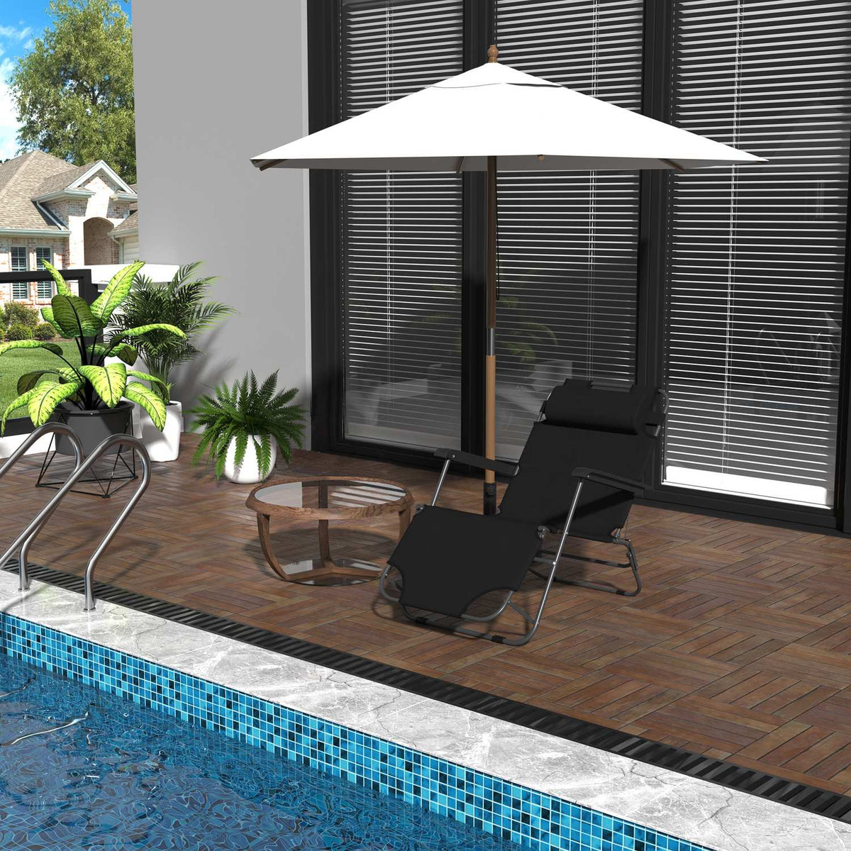 Sun Lounger Folding Beach Lounger With Cushion, 2-Tier Garden Lounger, Black, Metal & Oxford Fabric, 118X60X80Cm