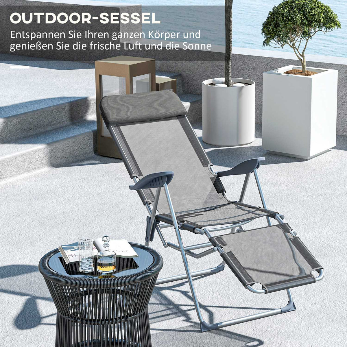 Sun Lounger, Folding Deck Chair, Garden Lounger With Adjustable Backrest, Relax Lounger For Balcony, Patio, Mesh, Grey, 63 X 81 X 108 Cm