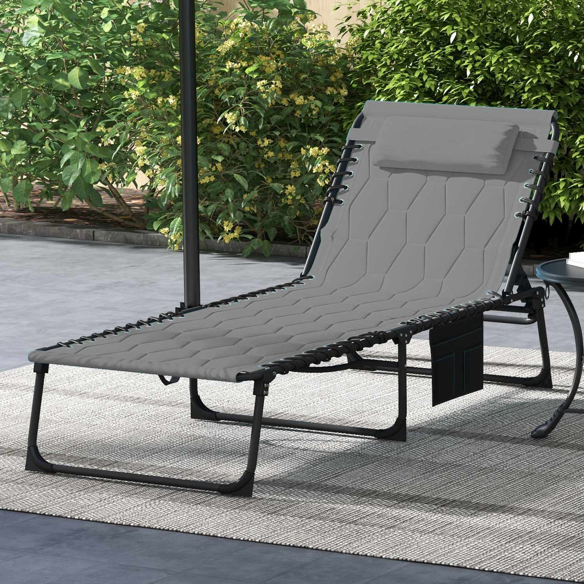Sun Lounger, Folding Garden Lounger with Pillow, Deck Chair with Adjustable Backrest, Handle, with Side Pocket, Oxford, Gray