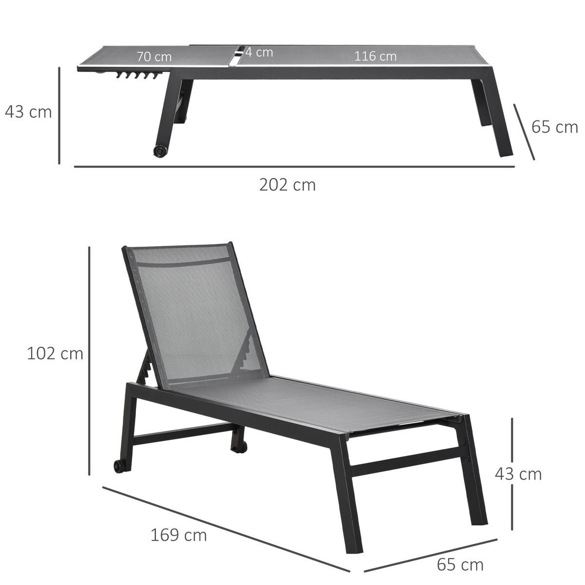 Sun Lounger Garden Lounger 5 Step Backrest Aluminum Gray 169 X 65 X 102 Cm