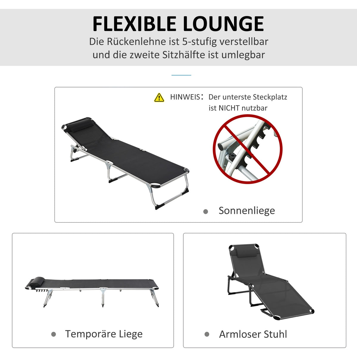 Sun Lounger Garden Lounger Aluminum Fabric Lounger Relaxation Lounger 5-Way Adjustable Foldable Ergonomic Mesh Black 170 X 60 X 76 Cm