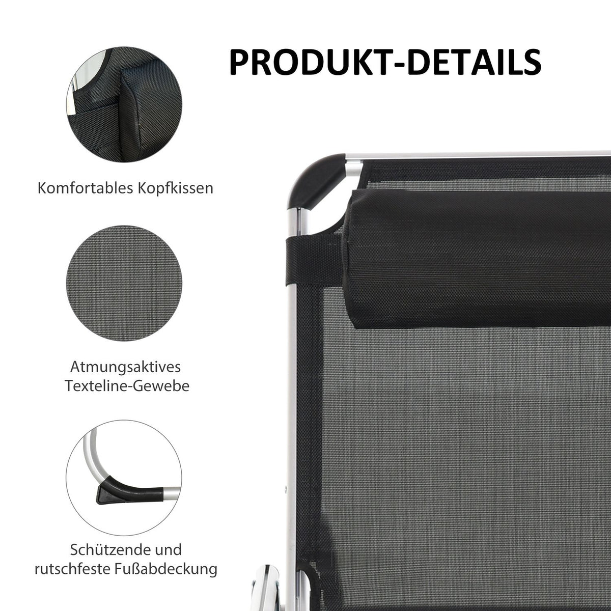 Sun Lounger Garden Lounger Aluminum Fabric Lounger Relaxation Lounger 5-Way Adjustable Foldable Ergonomic Mesh Black 170 X 60 X 76 Cm