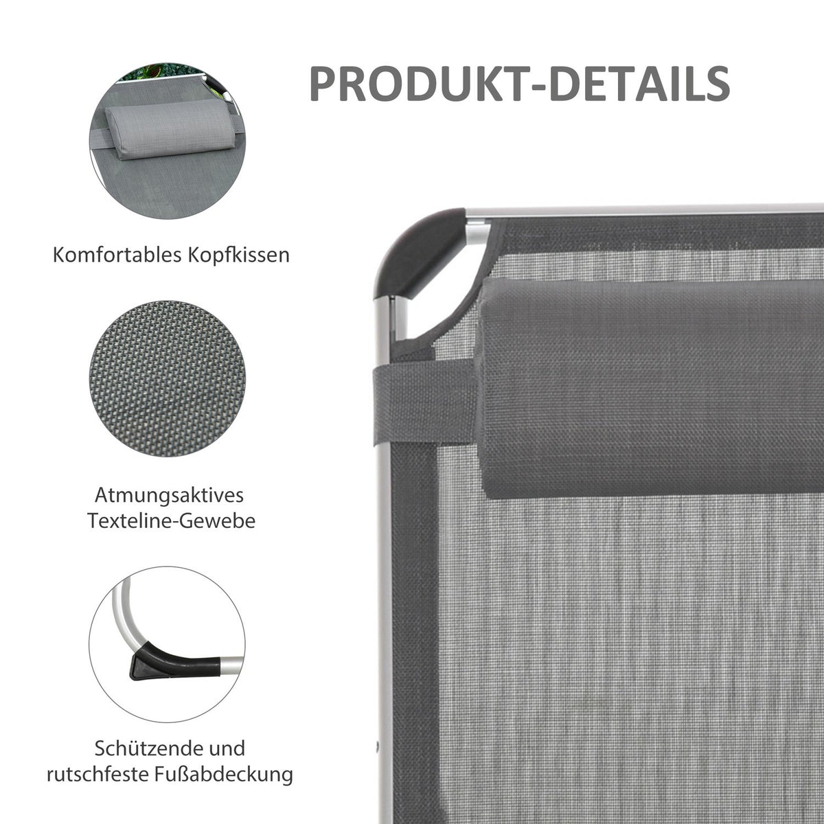 Sun Lounger Garden Lounger Aluminum Fabric Lounger Relaxation Lounger 5-Way Adjustable Foldable Ergonomic Mesh Gray 170 X 60 X 76 Cm