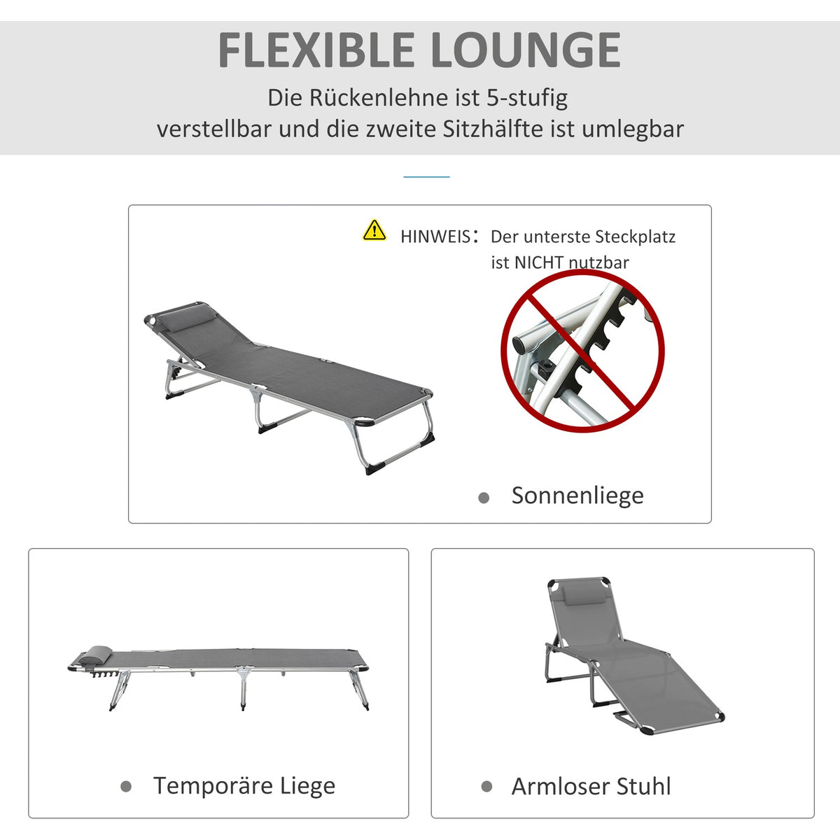 Sun Lounger Garden Lounger Aluminum Fabric Lounger Relaxation Lounger 5-Way Adjustable Foldable Ergonomic Mesh Gray 170 X 60 X 76 Cm