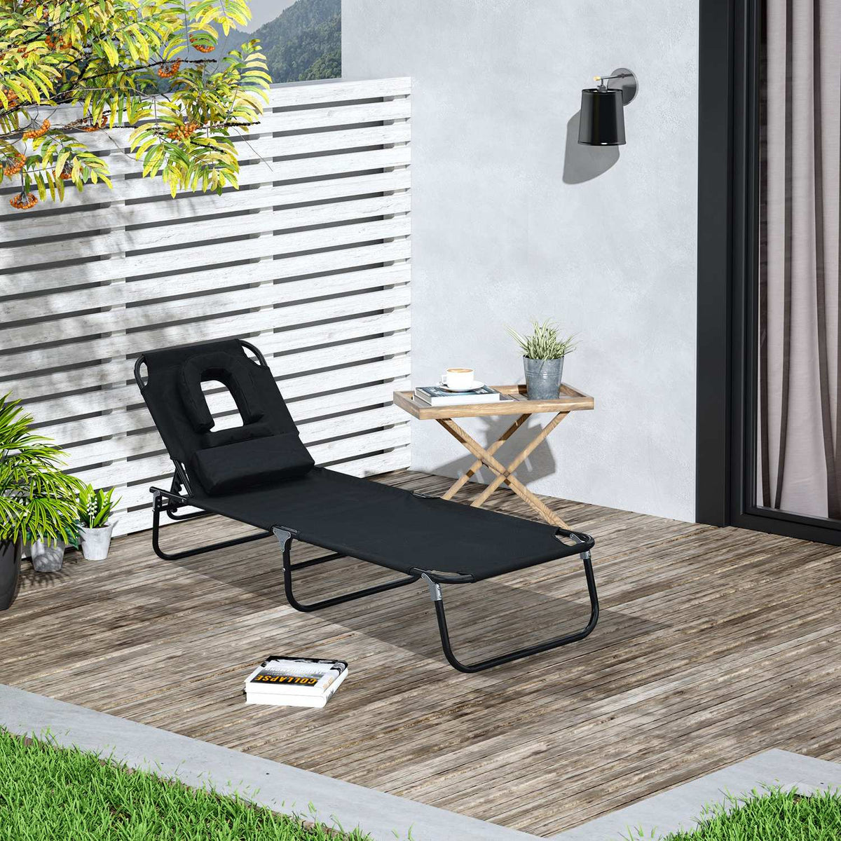 Sun Lounger Garden Lounger Relaxation Lounger Tripod Lounger With Reading Window Face Opening Black