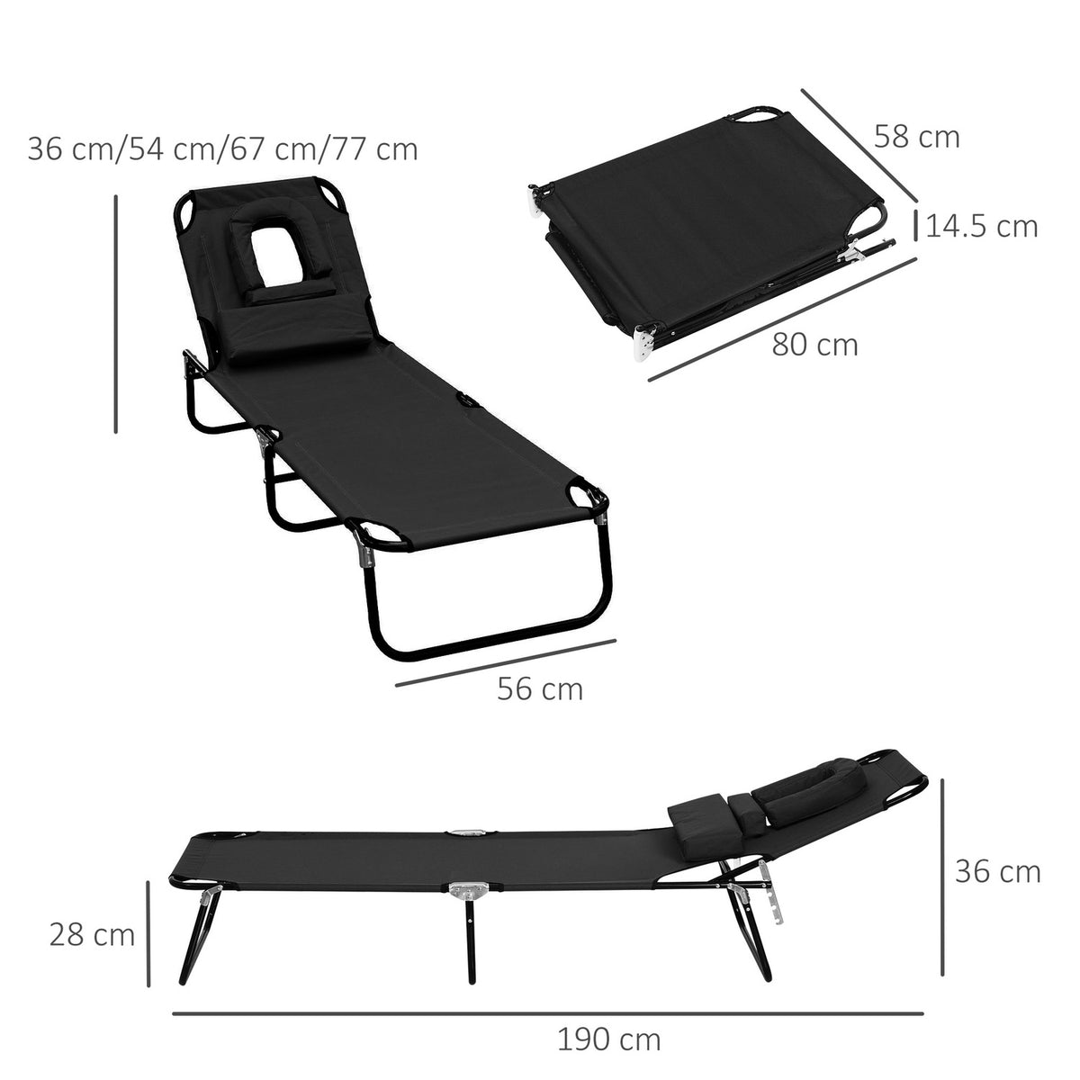 Sun Lounger Garden Lounger Relaxation Lounger Tripod Lounger With Reading Window Face Opening Black