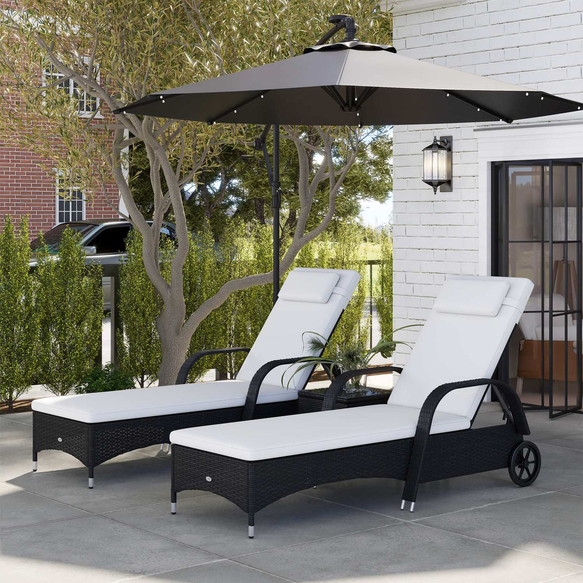Sun Lounger Garden Lounger Table Set Of 3 Garden Furniture, Poly Rattan + Metal Black + Cream White