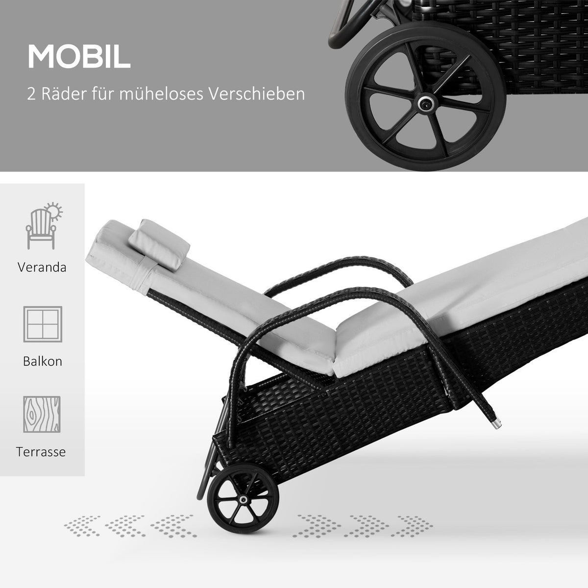 Sun Lounger Garden Lounger Table Set Of 3 Garden Furniture, Poly Rattan + Metal Black + Cream White