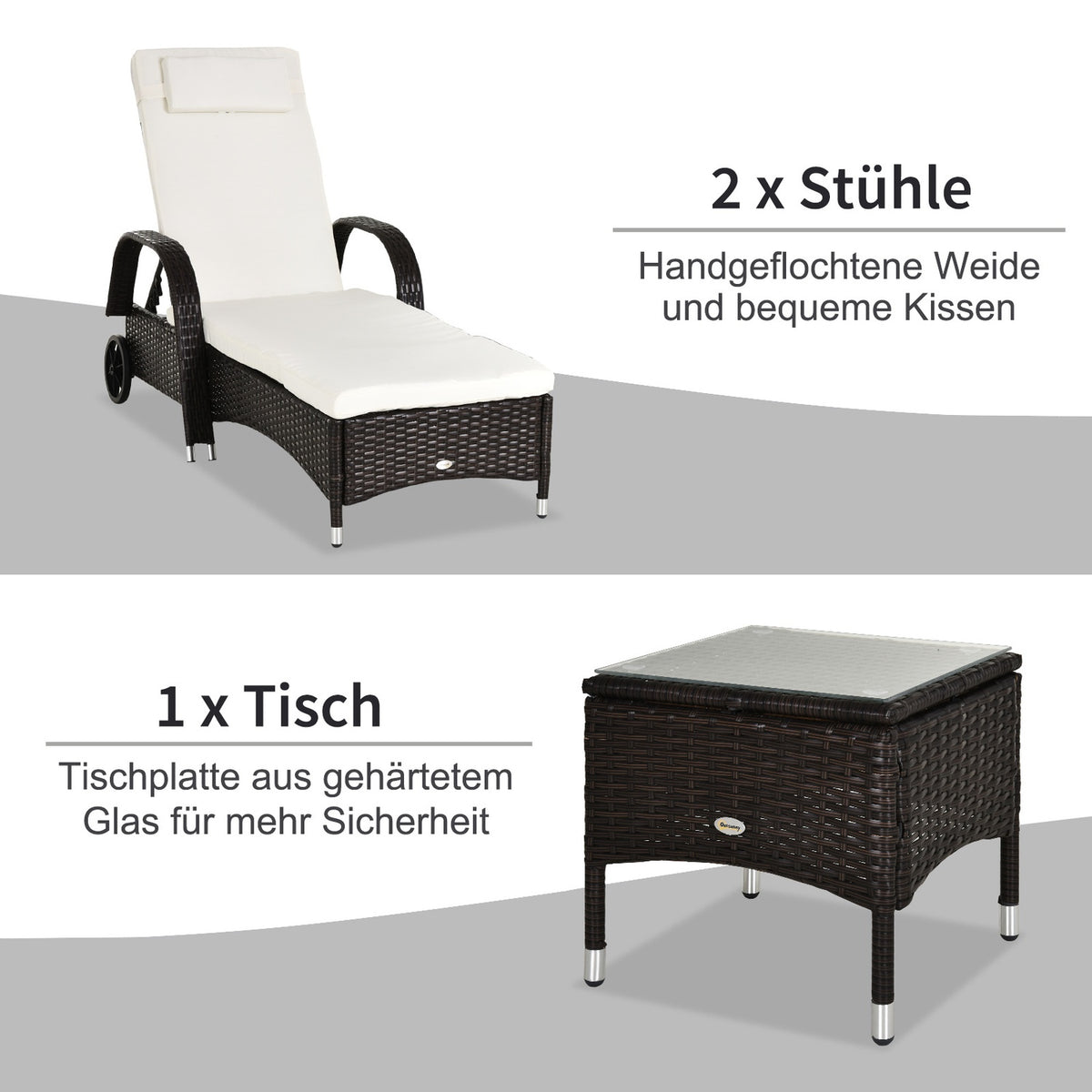Sun Lounger Garden Lounger Table Set Of 3 Garden Furniture, Polyrattan + Metal Brown + Cream White