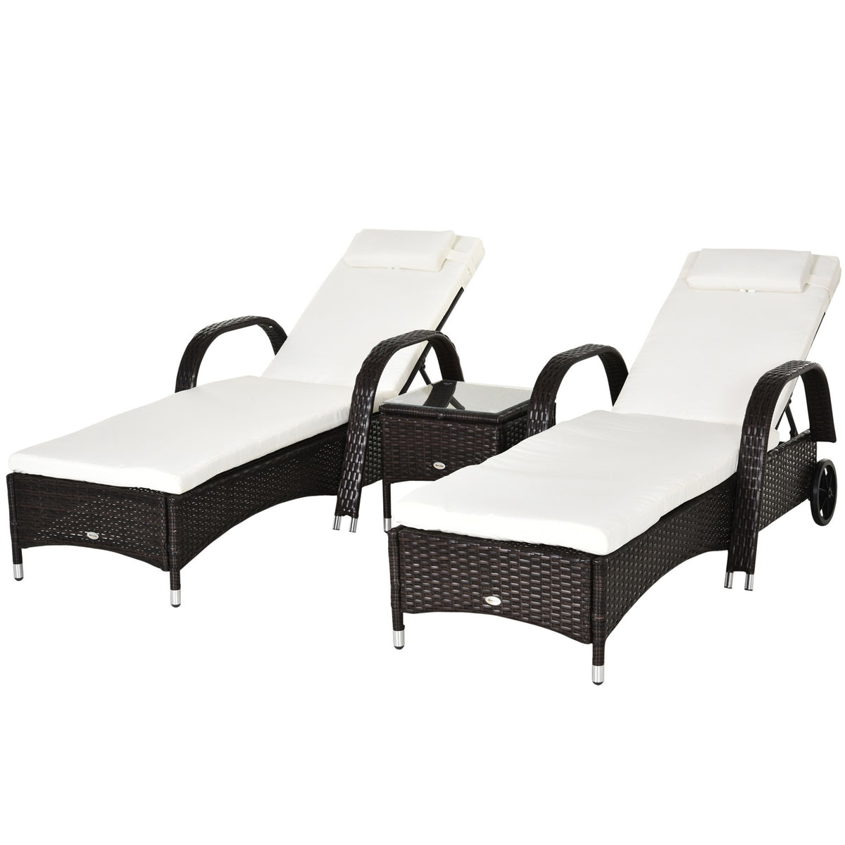Sun Lounger Garden Lounger Table Set Of 3 Garden Furniture, Polyrattan + Metal Brown + Cream White