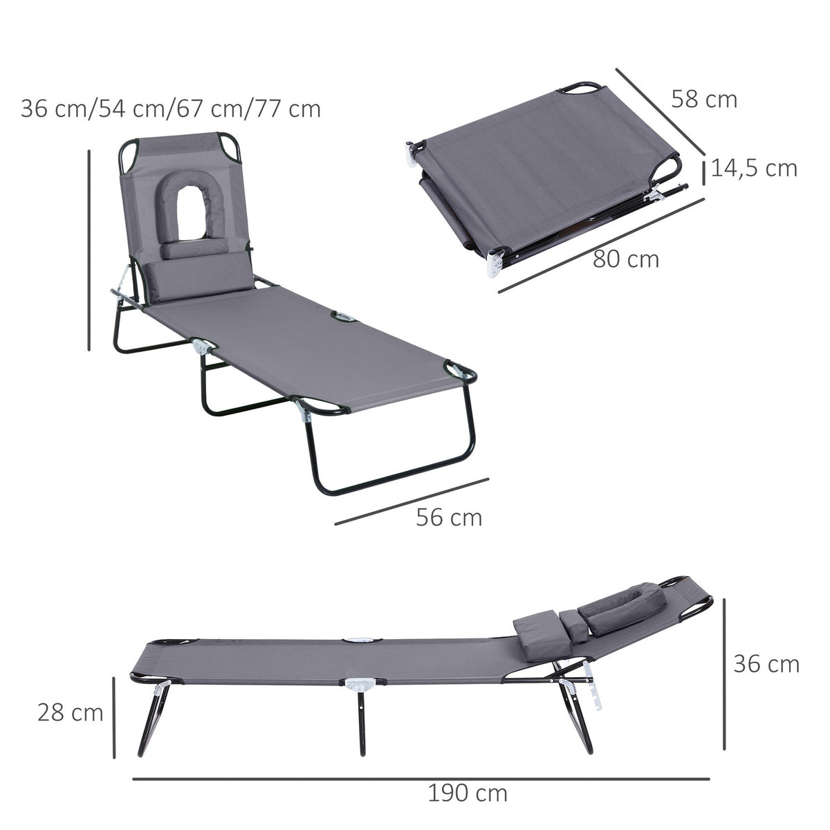 Sun Lounger, Garden Lounger, Three-Legged Lounger, Relaxation Lounger With Reading Window, Face Opening, Grey