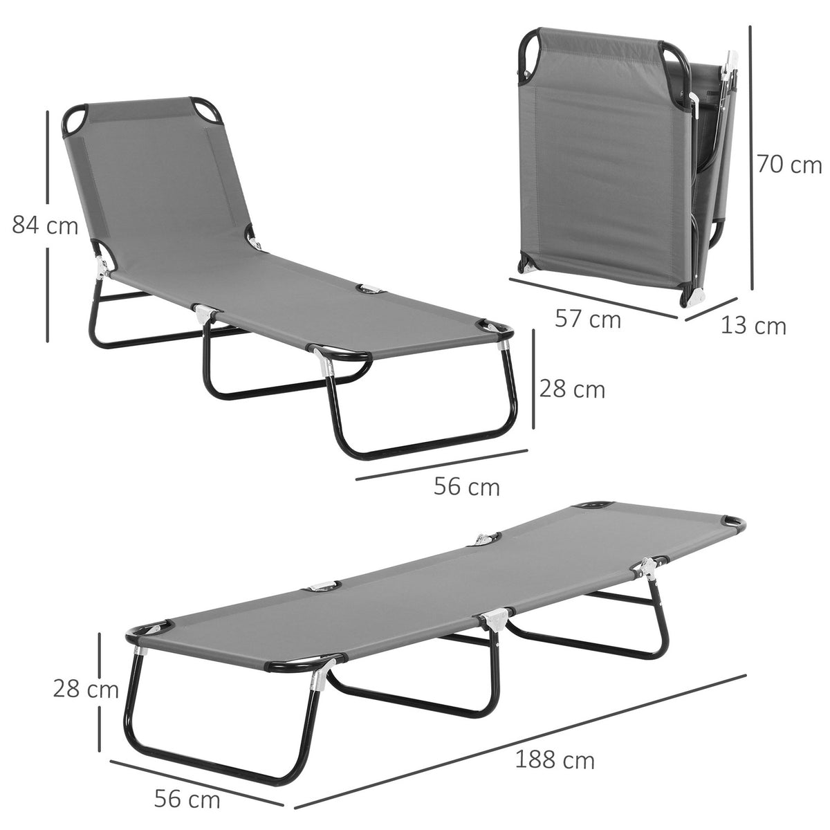 Sun Lounger, Garden Lounger With Adjustable Backrest, Deck Chair, Relaxation Lounger, Camping Lounger For Garden, Balcony, Steel, Gray, 188 X 56 X 28Cm