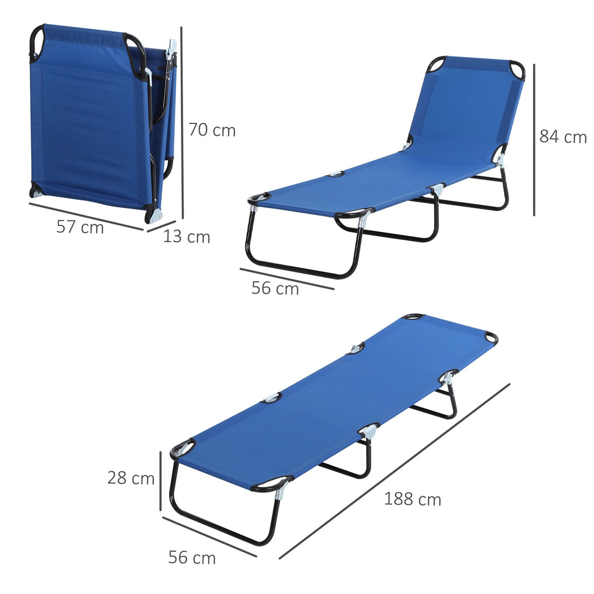 Sun Lounger Garden Lounger With Adjustable Backrest, Steel, Blue, 188X56X28Cm, Ideal For Garden & Balcony