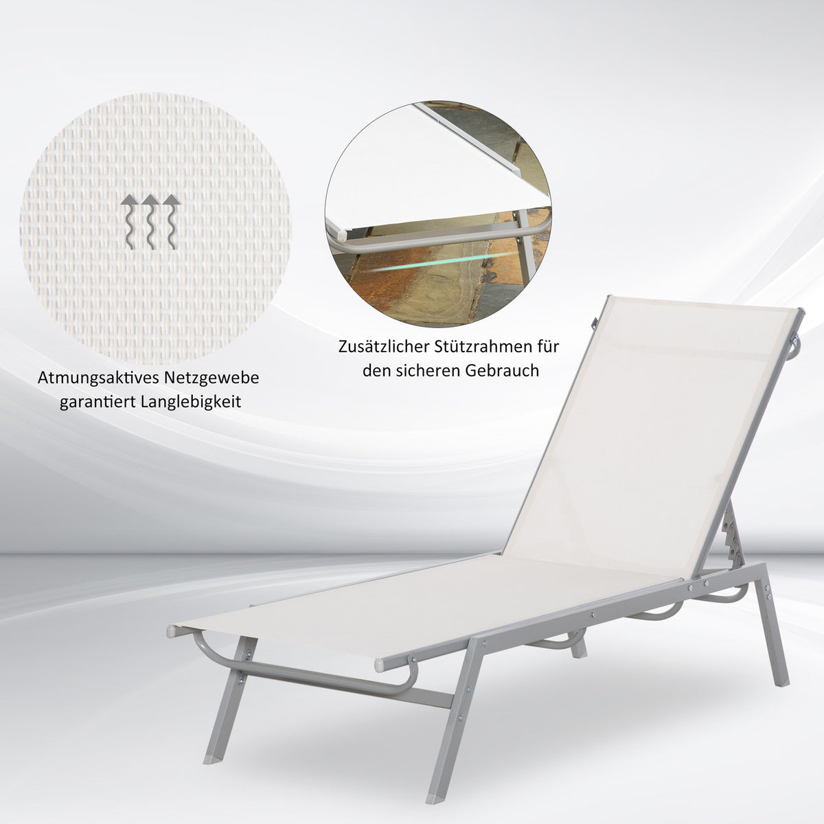 Sun Lounger Garden Lounger With Cushion Garden 5-Stage Backrest Adjustable Metal Mesh Cream White 170 X 58 X 97 Cm