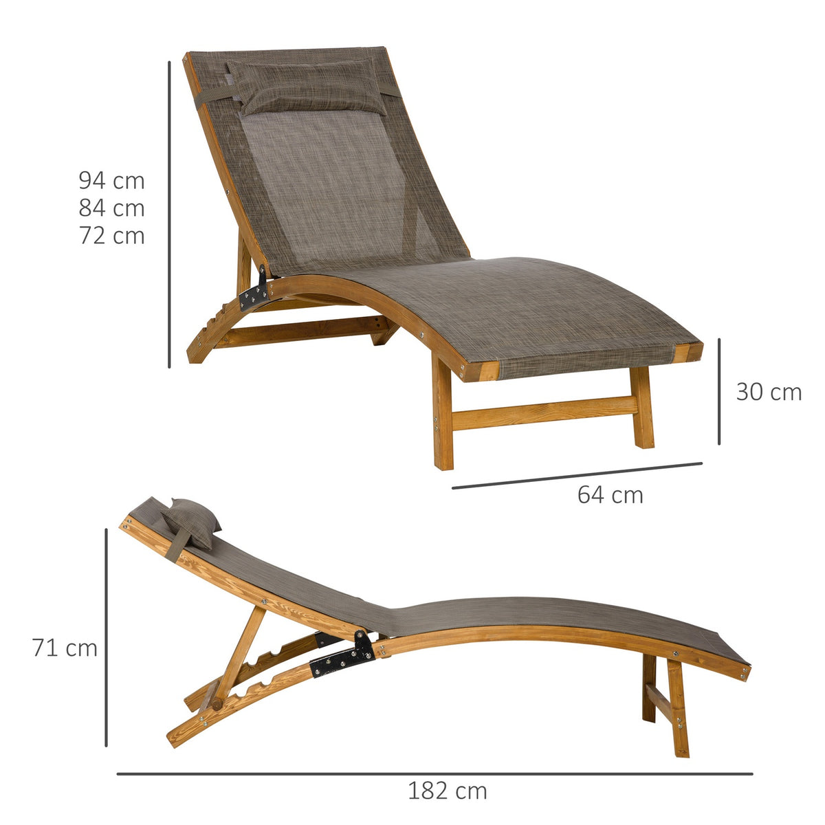 Sun Lounger, Weatherproof Garden Lounger, Deck Chair With Adjustable Backrest, Pillow, Up To 120 Kg, Brown, 182 X 64 X 71Cm