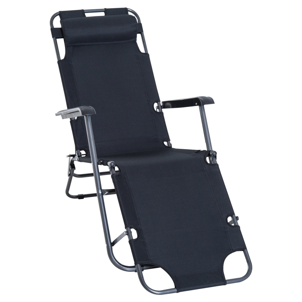 Sun Lounger With Cushion, Folding Beach Lounger, 2-Tier Garden Lounger, 2-In-1 Relaxation Lounger, Metal + Oxford Fabric, Black 135 X 60 X 89 Cm