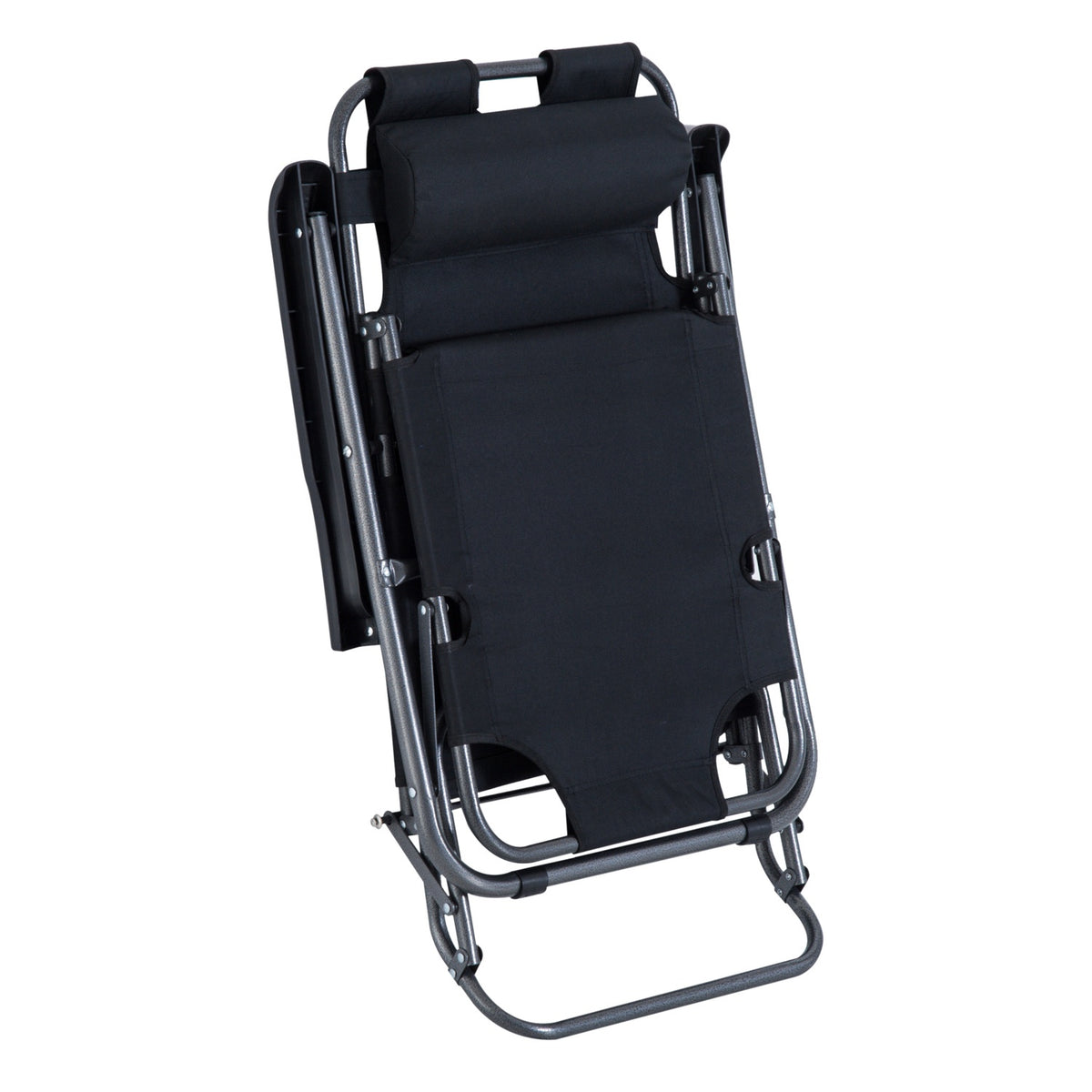 Sun Lounger With Cushion, Folding Beach Lounger, 2-Tier Garden Lounger, 2-In-1 Relaxation Lounger, Metal + Oxford Fabric, Black 135 X 60 X 89 Cm