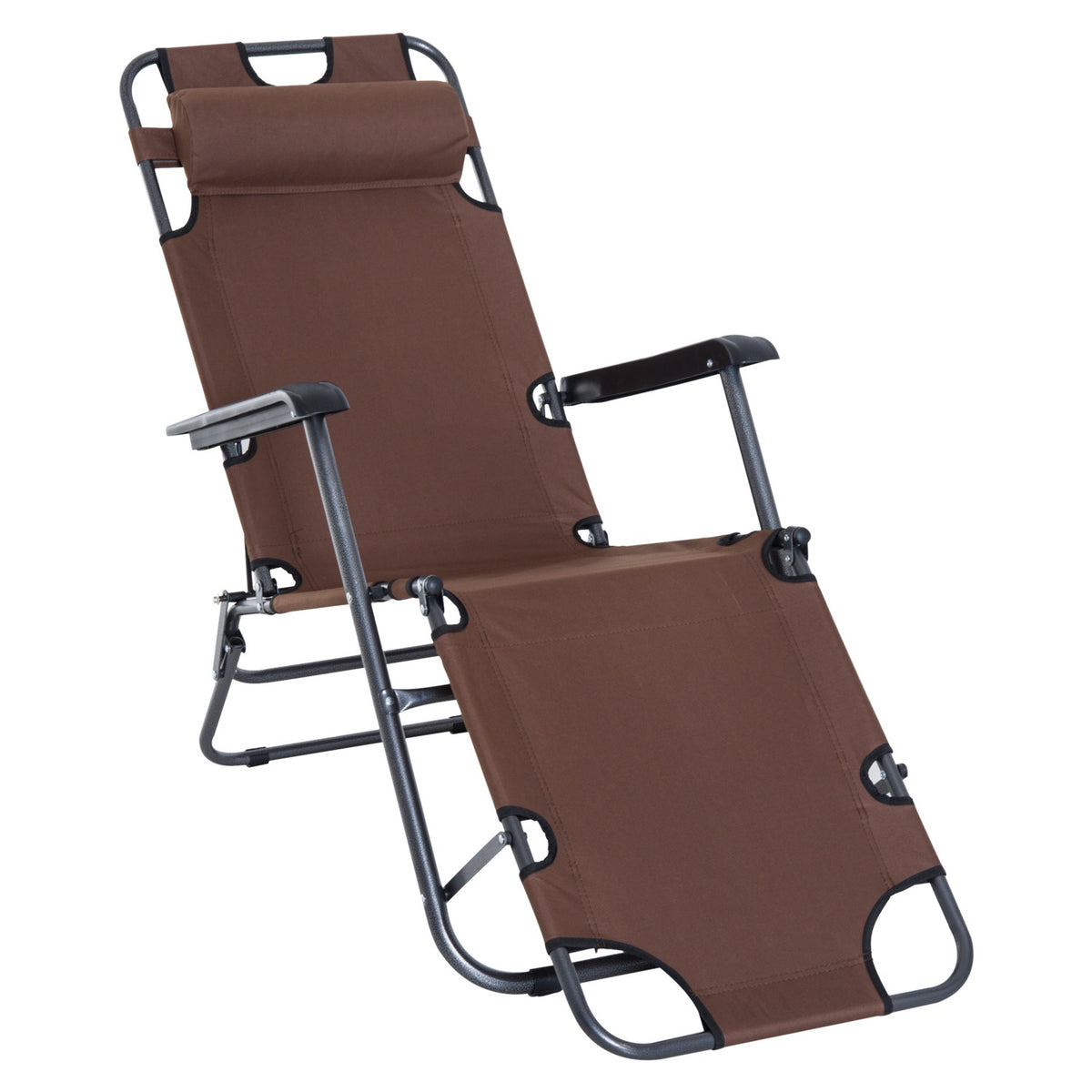 Sun Lounger With Cushion, Folding Beach Lounger, 2-Tier Garden Lounger, 2-In-1 Relaxation Lounger, Metal + Oxford Fabric, Brown 135 X 60 X 89 Cm