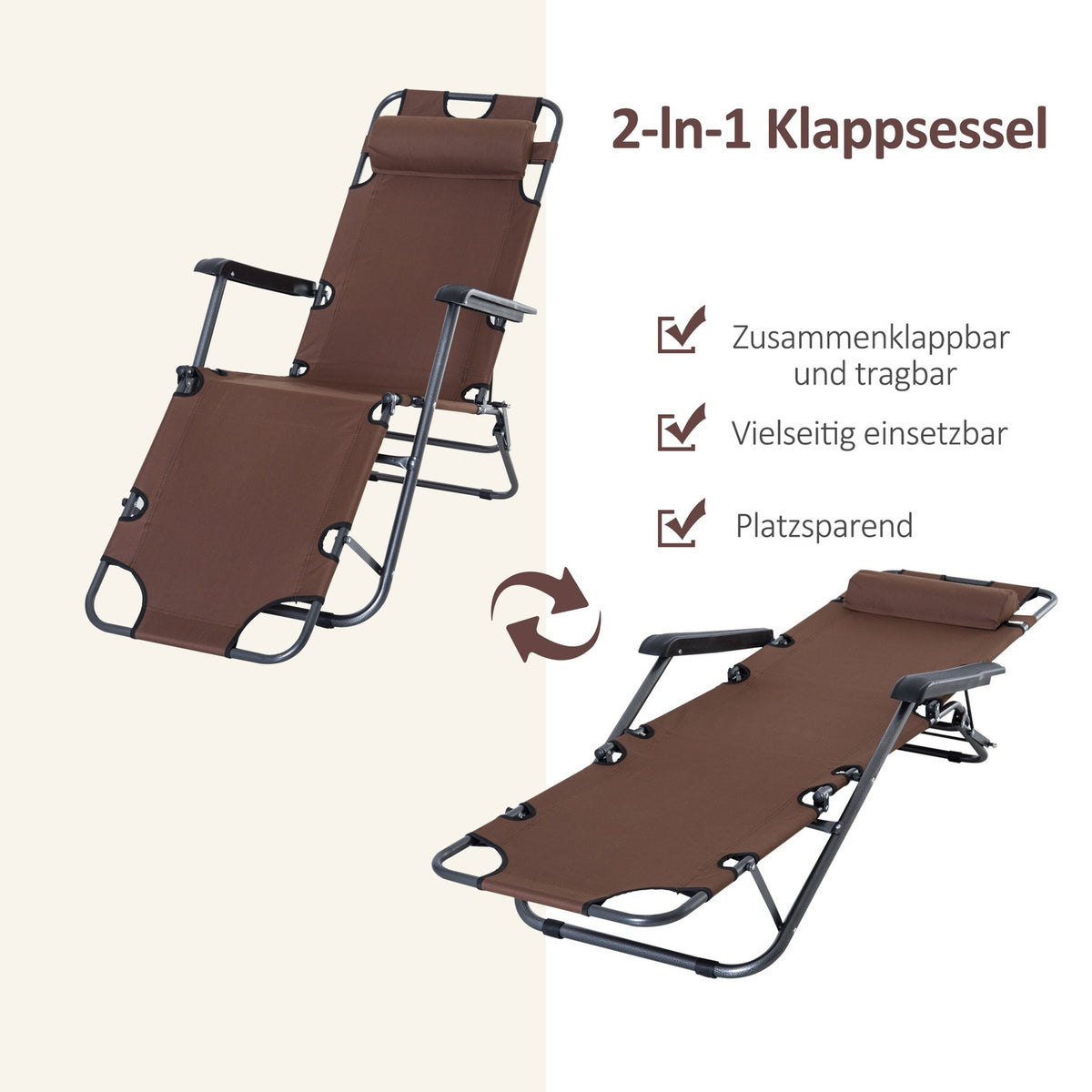 Sun Lounger With Cushion, Folding Beach Lounger, 2-Tier Garden Lounger, 2-In-1 Relaxation Lounger, Metal + Oxford Fabric, Brown 135 X 60 X 89 Cm