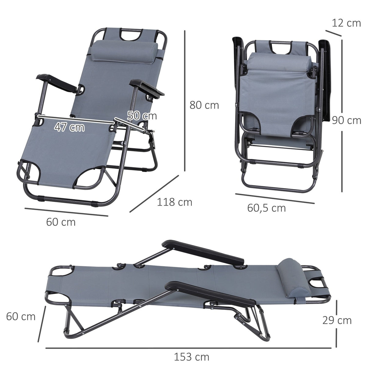 Sun Lounger With Cushion, Folding Beach Lounger, 2-Tier Garden Lounger, 2-In-1 Relaxation Lounger, Metal + Oxford Fabric, Gray 118 X 60 X 80 Cm