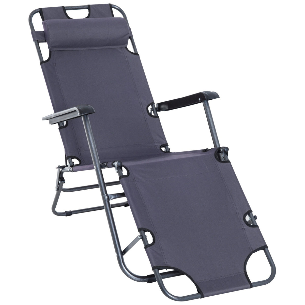 Sun Lounger With Cushion, Folding Beach Lounger, 2-Tier Garden Lounger, 2-In-1 Relaxation Lounger, Metal + Oxford Fabric, Gray 135 X 60 X 89 Cm