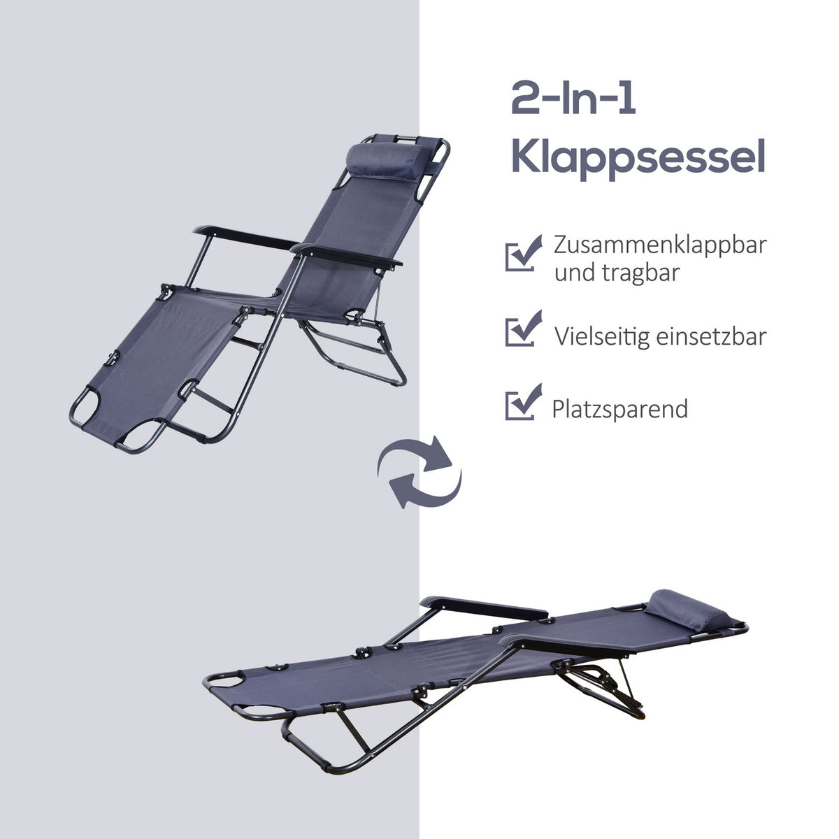 Sun Lounger With Cushion, Folding Beach Lounger, 2-Tier Garden Lounger, 2-In-1 Relaxation Lounger, Metal + Oxford Fabric, Gray 135 X 60 X 89 Cm