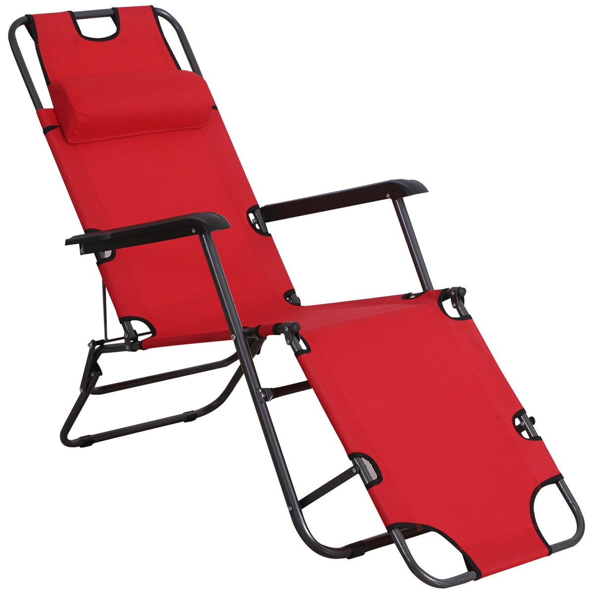 Sun Lounger With Cushion, Folding Beach Lounger, 2-Tier Garden Lounger, 2-In-1 Relaxation Lounger, Metal + Oxford Fabric, Red 135 X 60 X 89 Cm