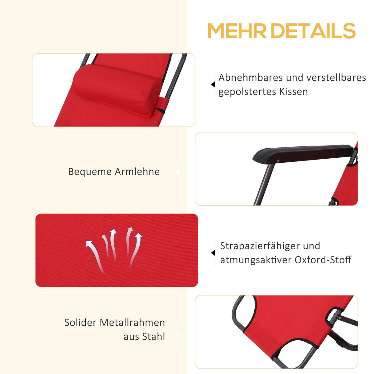 Sun Lounger With Cushion, Folding Beach Lounger, 2-Tier Garden Lounger, 2-In-1 Relaxation Lounger, Metal + Oxford Fabric, Red 135 X 60 X 89 Cm