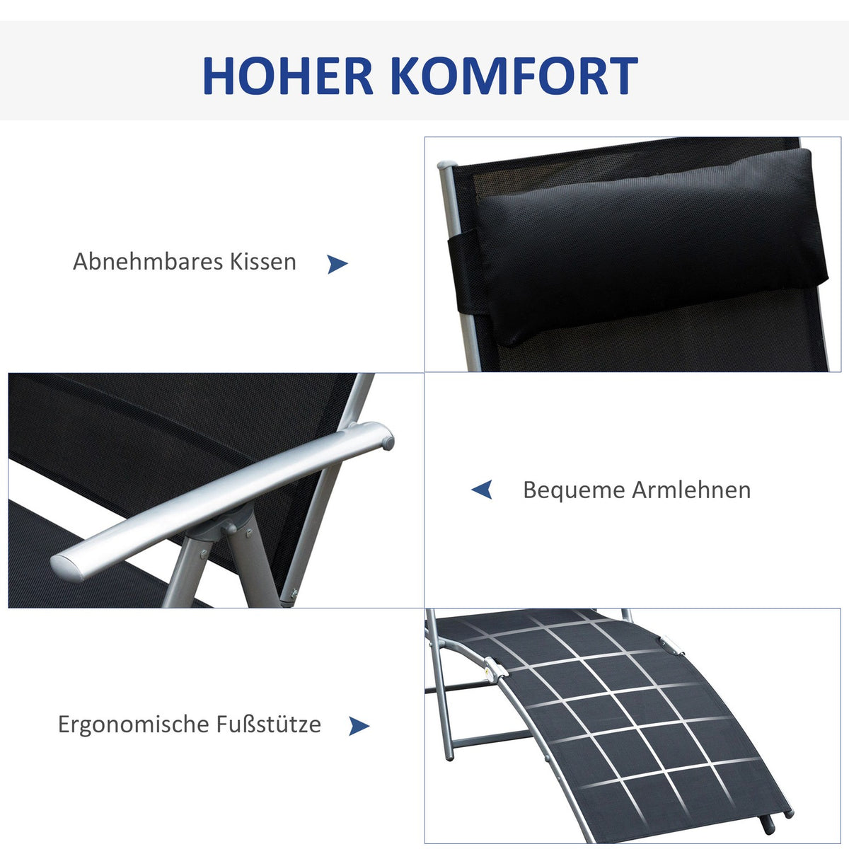 Sun lounger folding beach lounger garden lounger with cushion, metal + fabric, black, 137x63.5x100.5cm