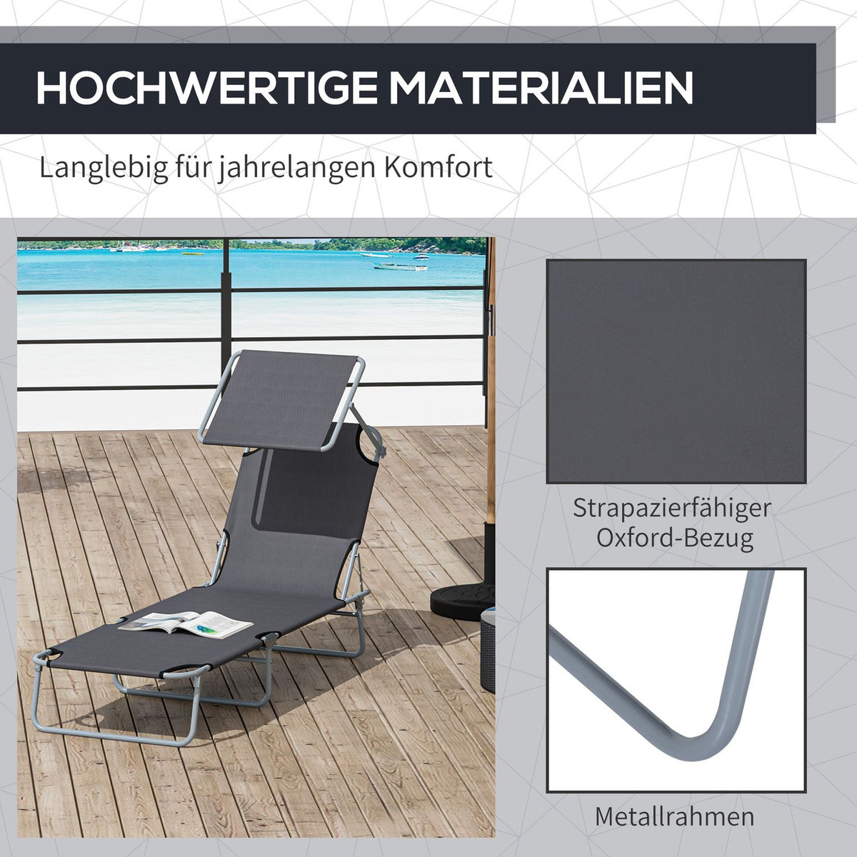 Sun lounger folding garden lounger deck chair beach lounger with sun protection gray 187 x 58 x 36 cm