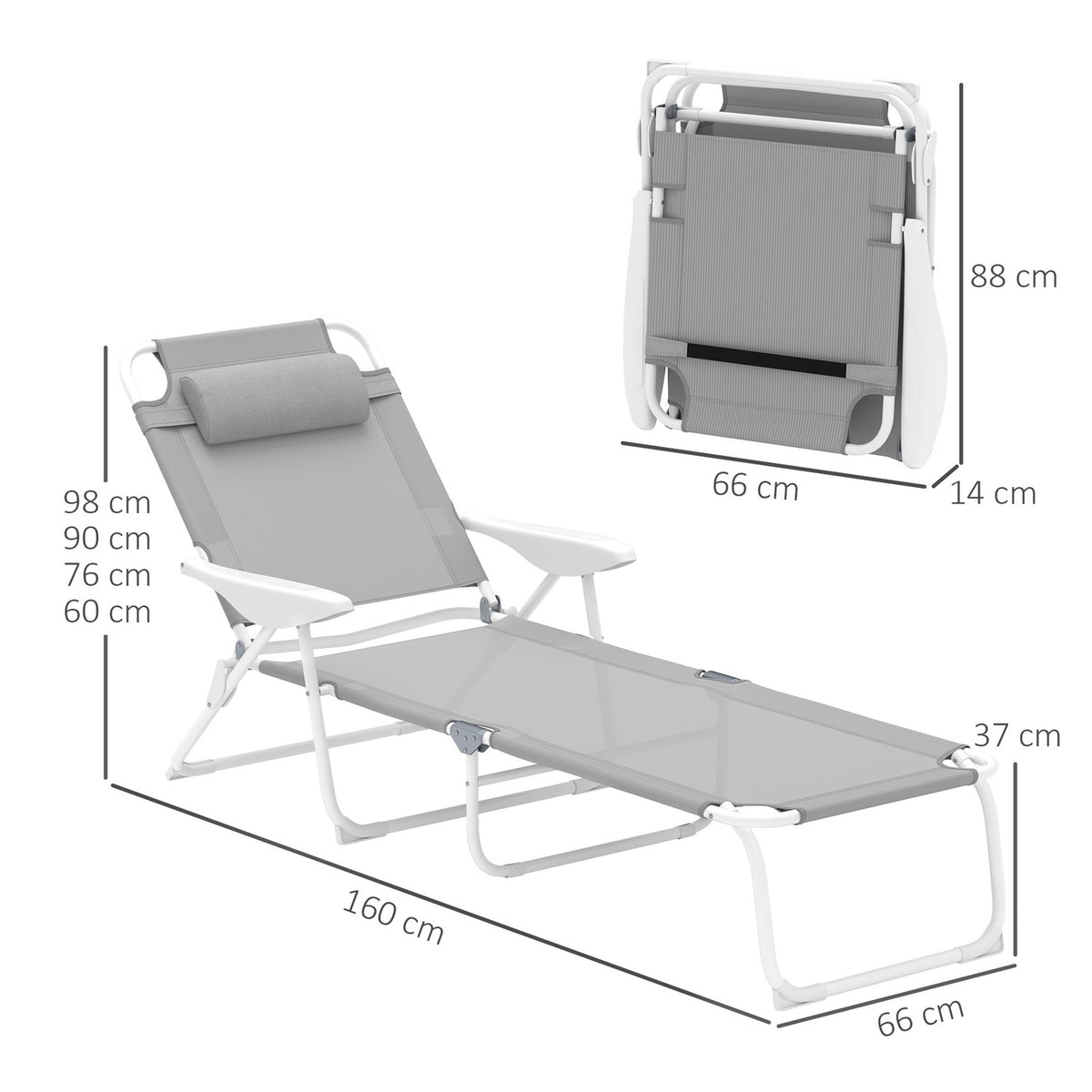 Sun lounger folding garden lounger with pillow, deck chair with 4-way adjustable backrest, weatherproof camping lounger, garden chair can hold up to 120 kg, for garden outdoor beach light gray |