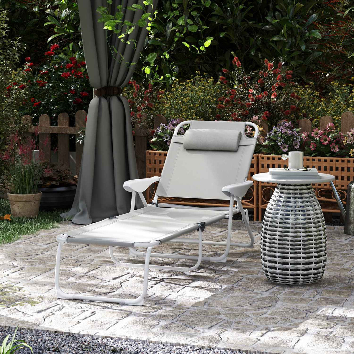 Sun lounger folding garden lounger with pillow, deck chair with 4-way adjustable backrest, weatherproof camping lounger, garden chair can hold up to 120 kg, for garden outdoor beach light gray |