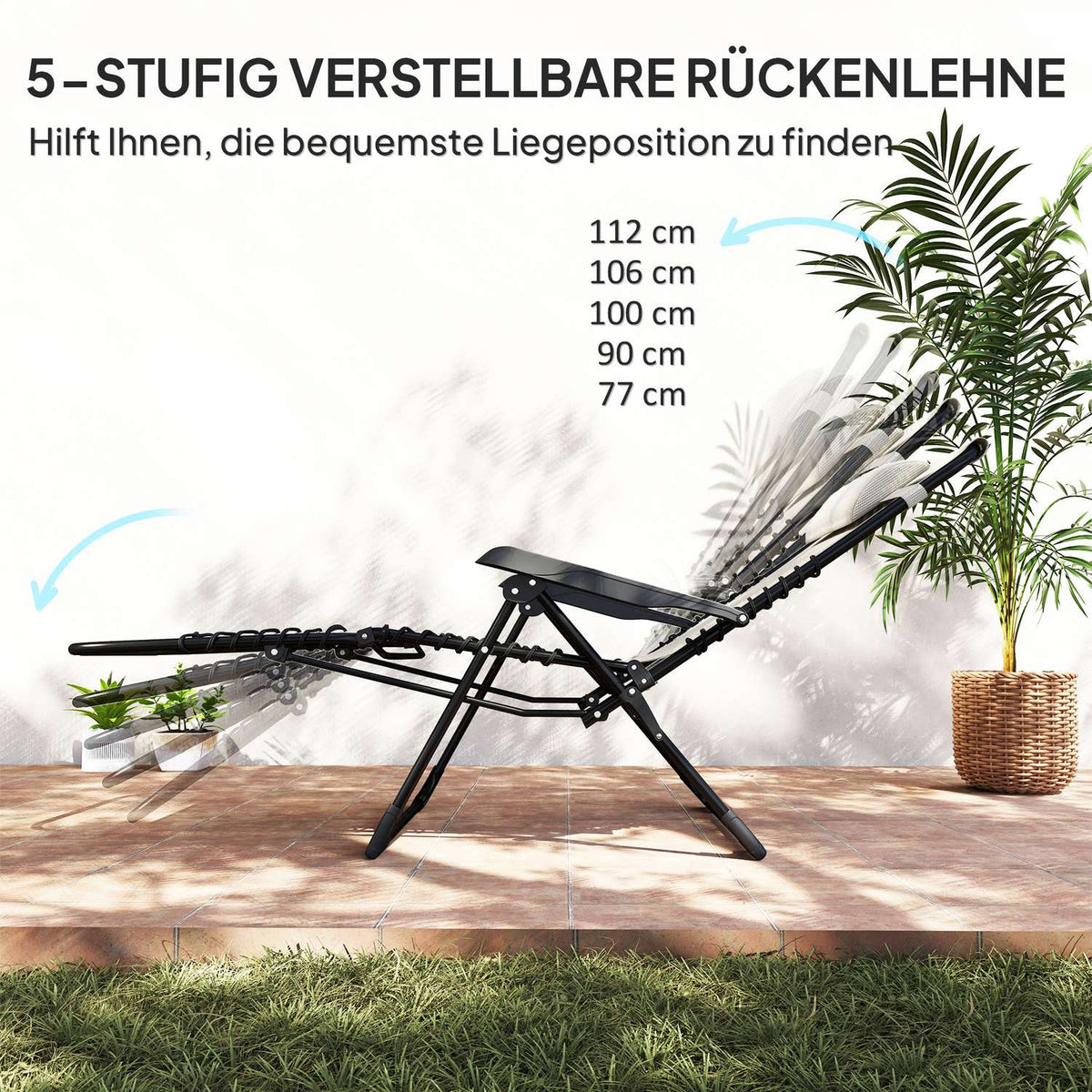 Sun lounger folding garden lounger with pillow, deck chair with 5-way adjustable backrest, weatherproof camping lounger, garden chair can hold up to 120 kg, for garden outdoor beach, beige