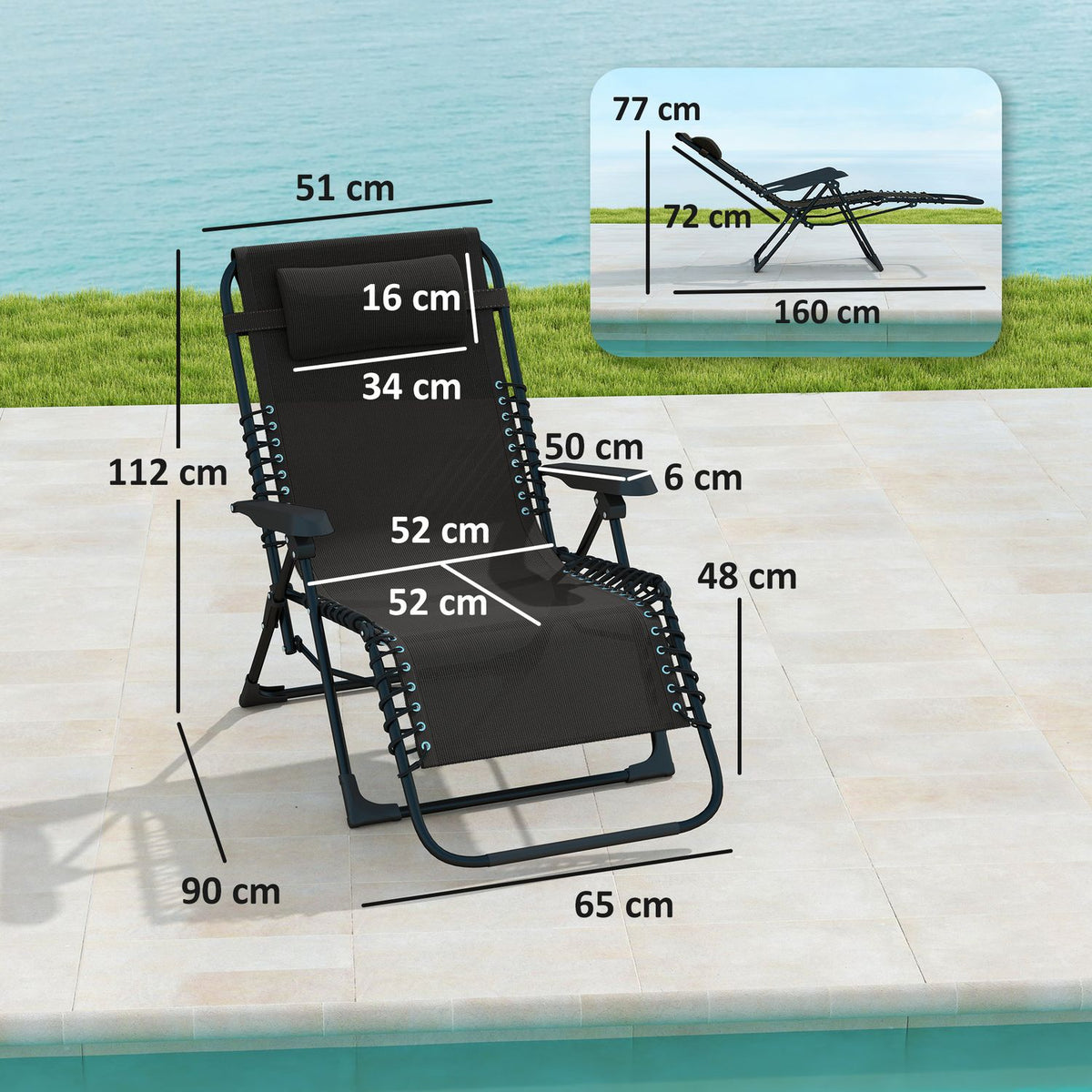 Sun lounger folding garden lounger with pillow, deck chair with 5-way adjustable backrest, weatherproof camping lounger, garden chair can hold up to 120 kg, for garden outdoor beach, black