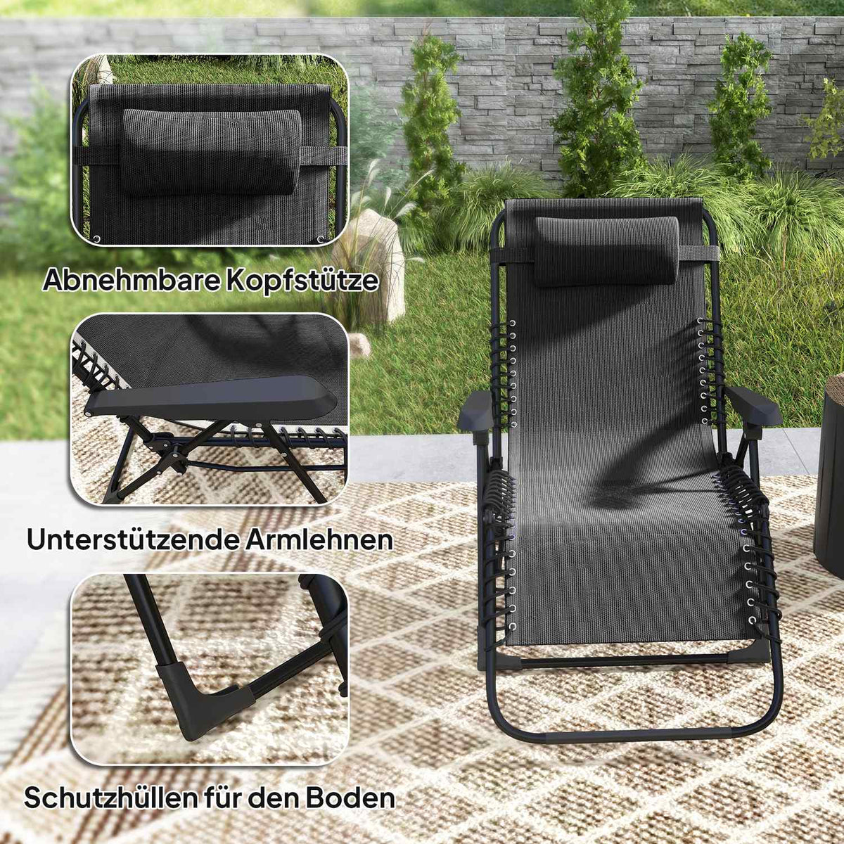 Sun lounger folding garden lounger with pillow, deck chair with 5-way adjustable backrest, weatherproof camping lounger, garden chair can hold up to 120 kg, for garden outdoor beach, black