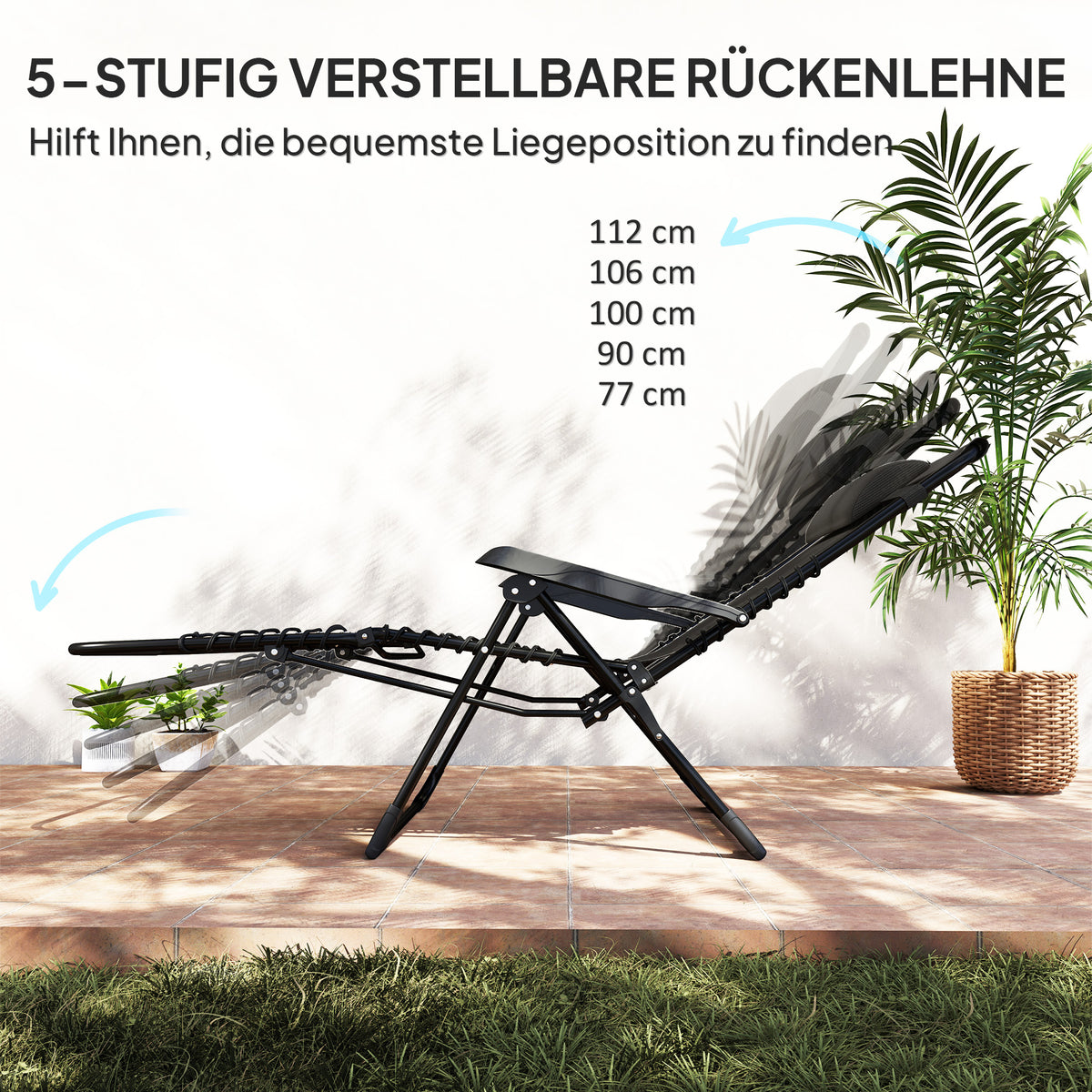 Sun lounger folding garden lounger with pillow, deck chair with 5-way adjustable backrest, weatherproof camping lounger, garden chair can hold up to 120 kg, for garden outdoor beach, black