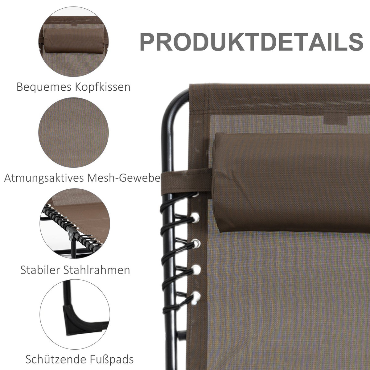 Sun lounger folding garden lounger with pillow, side pocket, deck chair with 5-way adjustable backrest, weatherproof camping lounger can hold up to 120 kg, for garden beach pool, brown