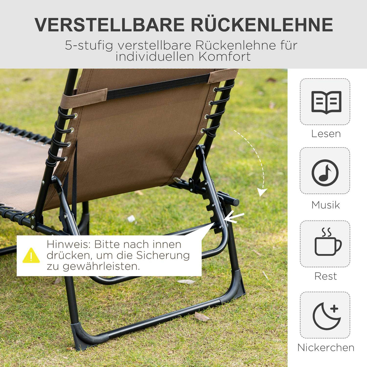 Sun lounger folding garden lounger with pillow, side pocket, deck chair with 5-way adjustable backrest, weatherproof camping lounger can hold up to 120 kg, for garden beach pool, brown