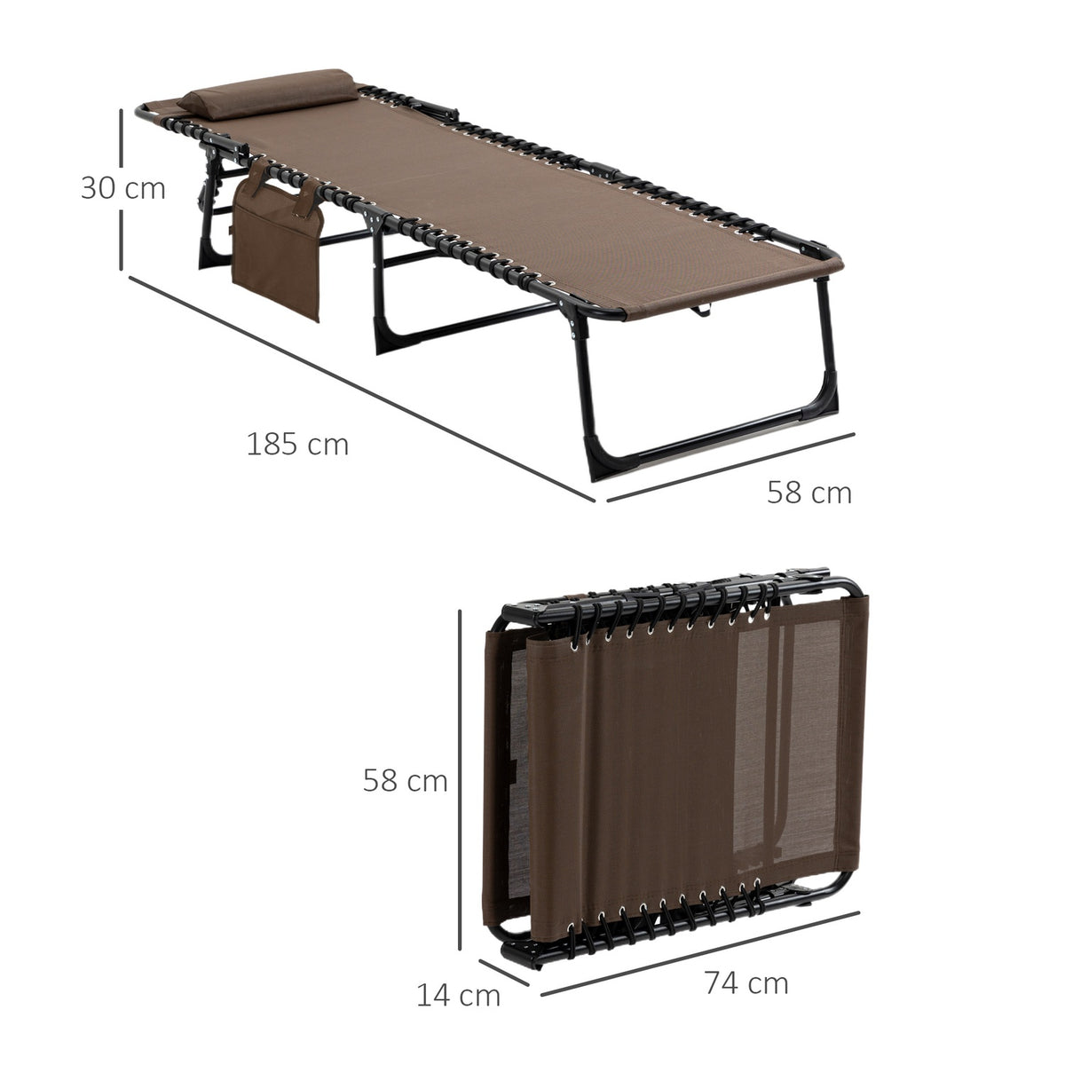 Sun lounger folding garden lounger with pillow, side pocket, deck chair with 5-way adjustable backrest, weatherproof camping lounger can hold up to 120 kg, for garden beach pool, brown
