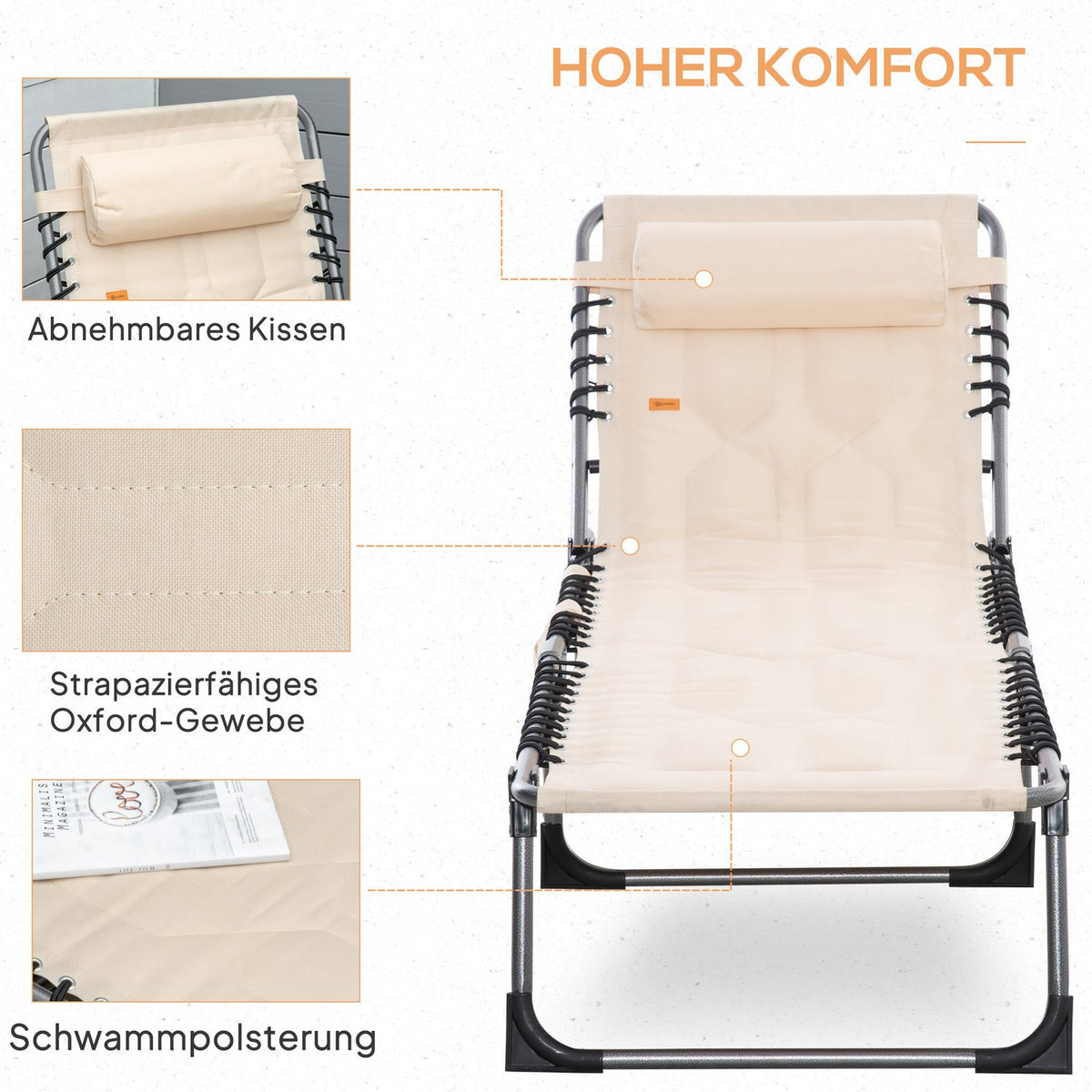 Sun lounger, folding garden lounger with pillow, side pocket, deck chair with 5-way adjustable backrest, weatherproof camping lounger can hold up to 130 kg, for garden, beach, pool, beige