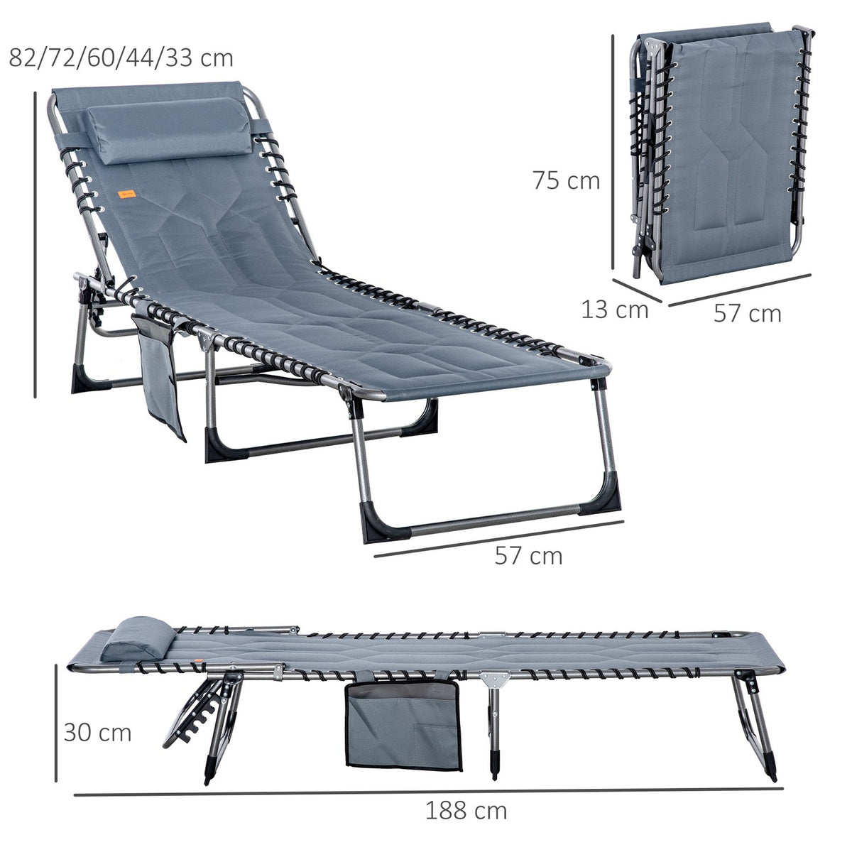 Sun lounger, folding garden lounger with pillow, side pocket, deck chair with 5-way adjustable backrest, weatherproof camping lounger can hold up to 130 kg, for garden, beach, pool, gray