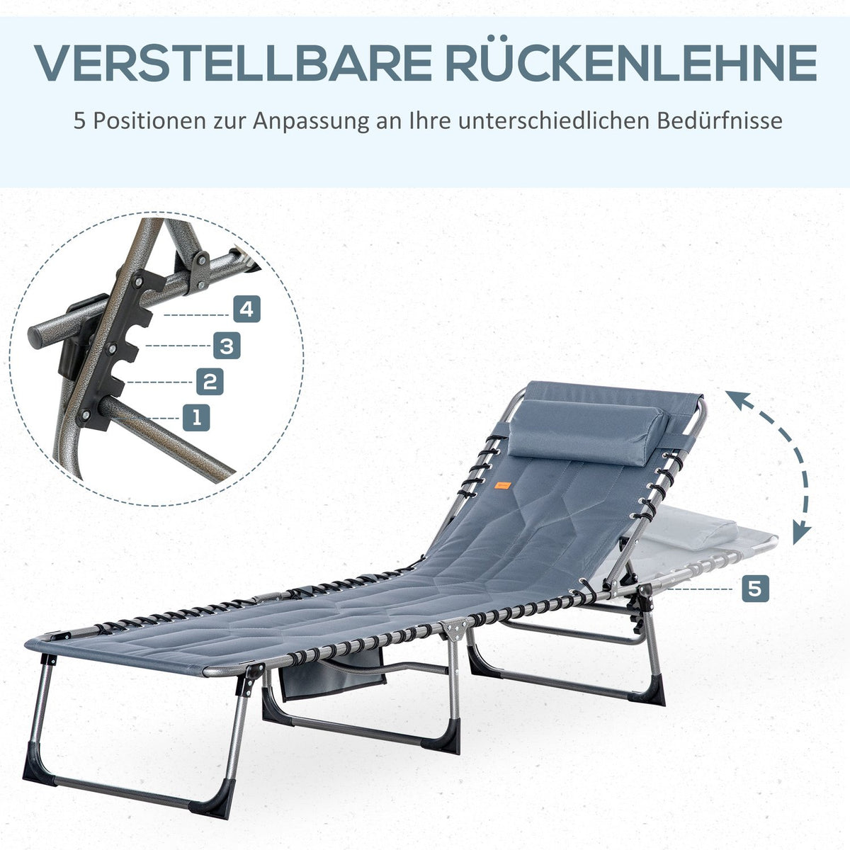 Sun lounger, folding garden lounger with pillow, side pocket, deck chair with 5-way adjustable backrest, weatherproof camping lounger can hold up to 130 kg, for garden, beach, pool, gray