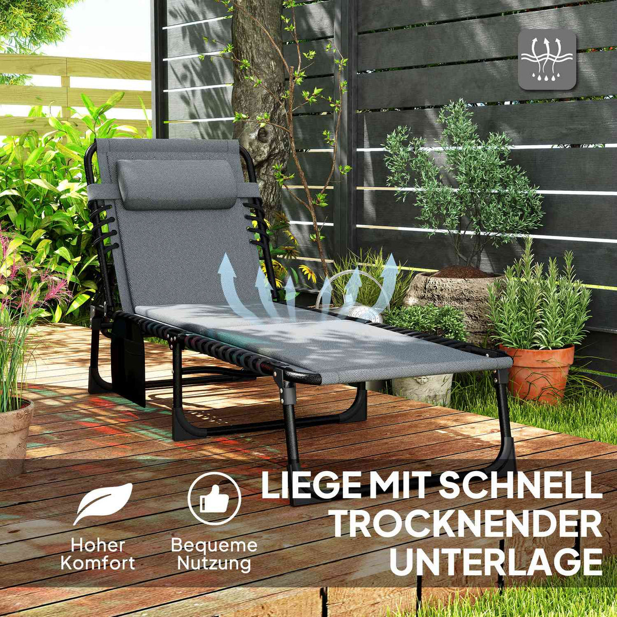 Sun lounger folding garden lounger with pillow side pocket, upholstered deck chair with 5-way adjustable backrest, weatherproof camping lounger with a load of up to 120 kg, for garden beach dark gray
