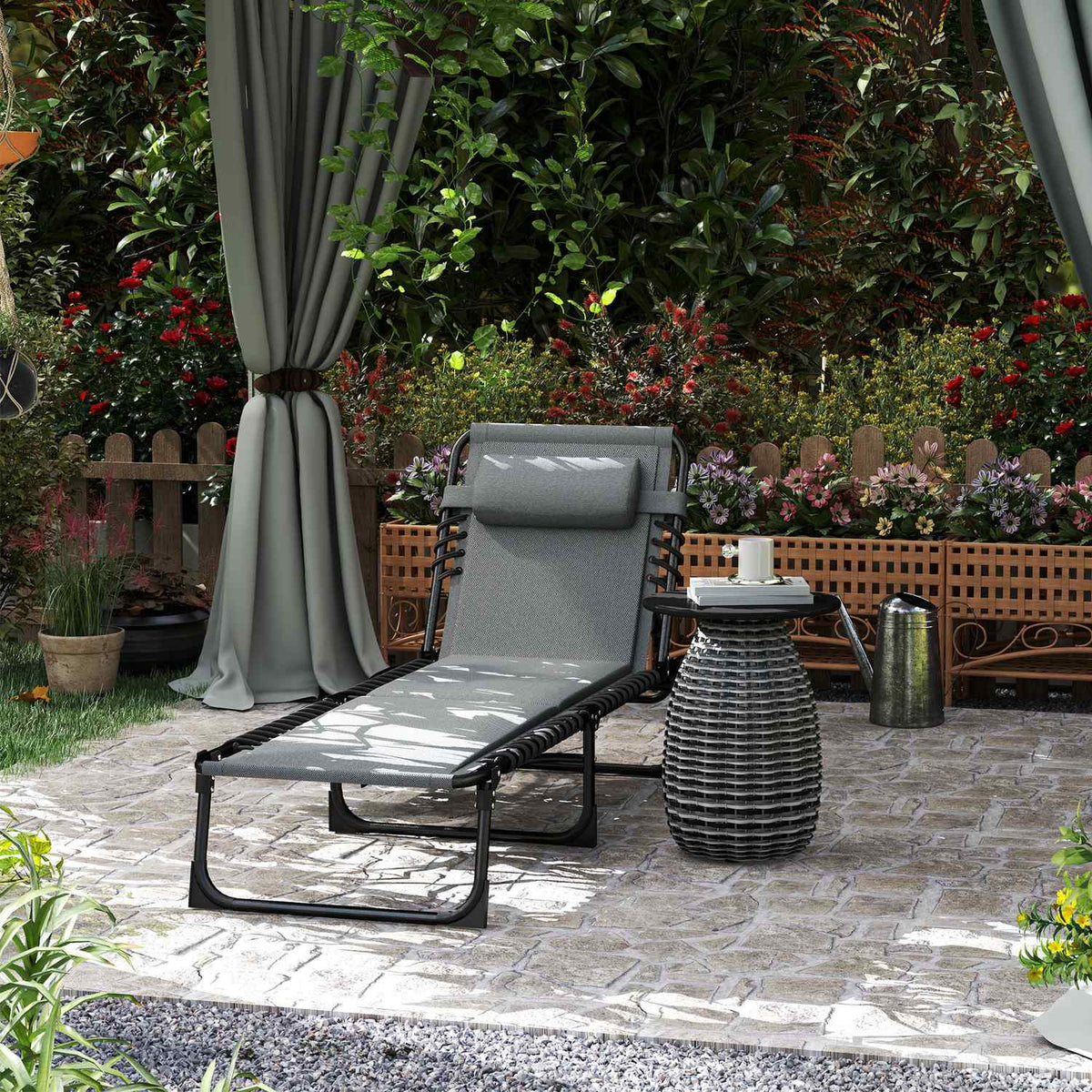 Sun lounger folding garden lounger with pillow side pocket, upholstered deck chair with 5-way adjustable backrest, weatherproof camping lounger with a load of up to 120 kg, for garden beach dark gray