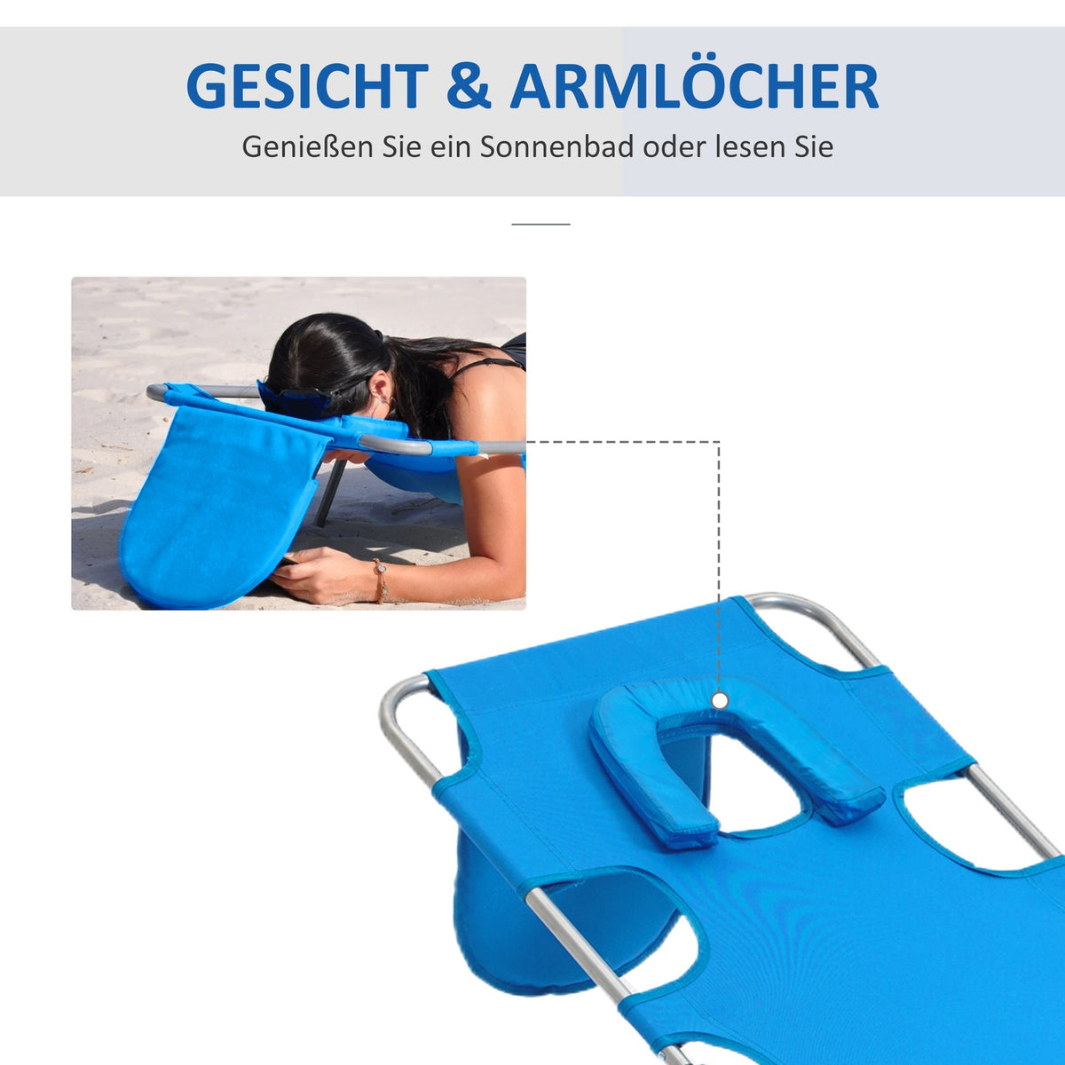 Sun lounger folding garden lounger with reading window, pillow, deck chair with 5-way adjustable backrest, weatherproof camping lounger can hold up to 120 kg, for garden beach pool, blue